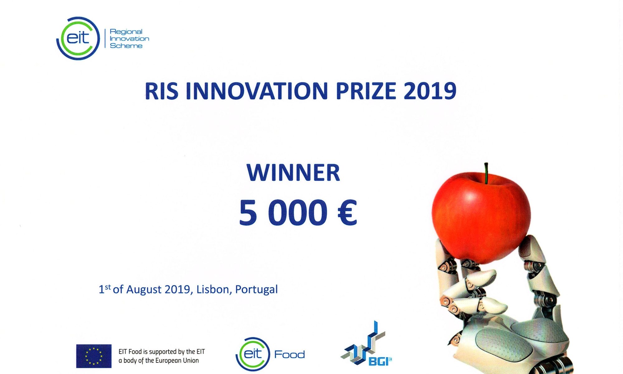Agrodrone cencedora do 2º lugar no Prémio de Inovação do EIT Food 2019